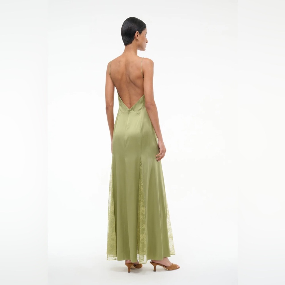 STAUD Olive Green Satin Slip Gown with Lace Panels - Picture 3 of 3